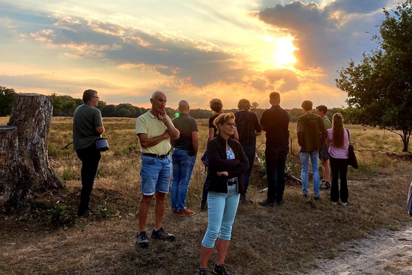 Die Gruppe hört dem Führer zu und betrachtet aufmerksam die schöne Natur während der goldenen Stunde im NP De Meinweg